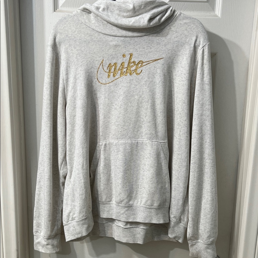Nike Gold Script Logo Hoodie – Size XL – Oatmeal Heather